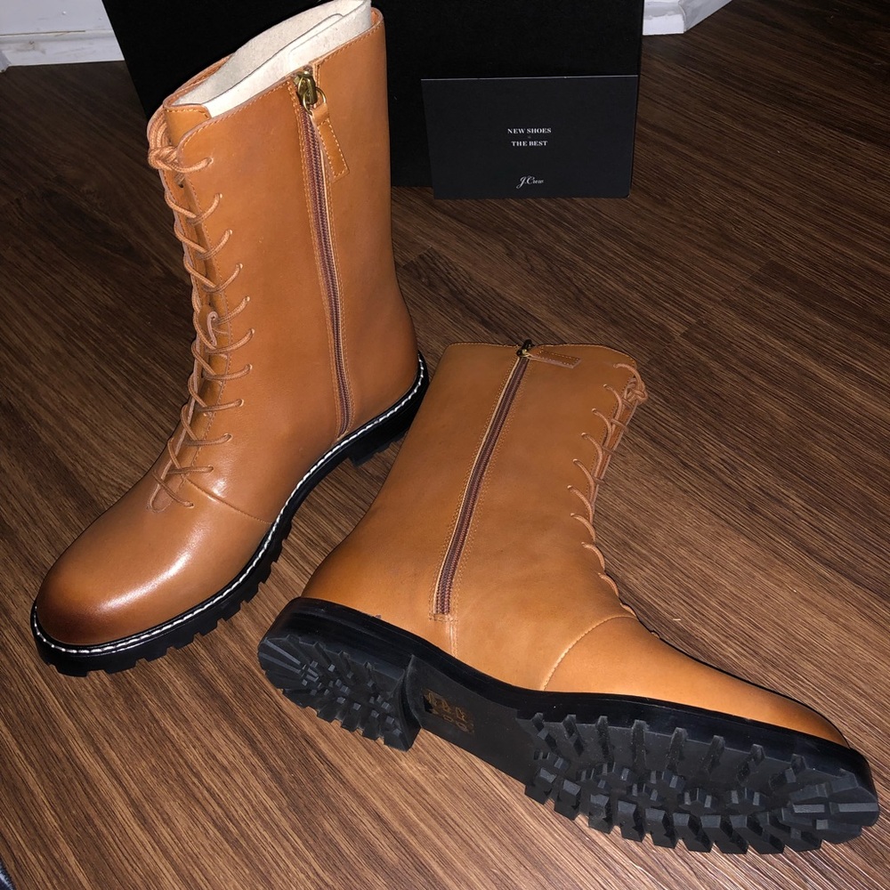 J CREW | Rich Oak Gwen Lug-Sole Leather Lace-Up Tall Shaft Boots | Size 9.5 - Picture 10 of 15
